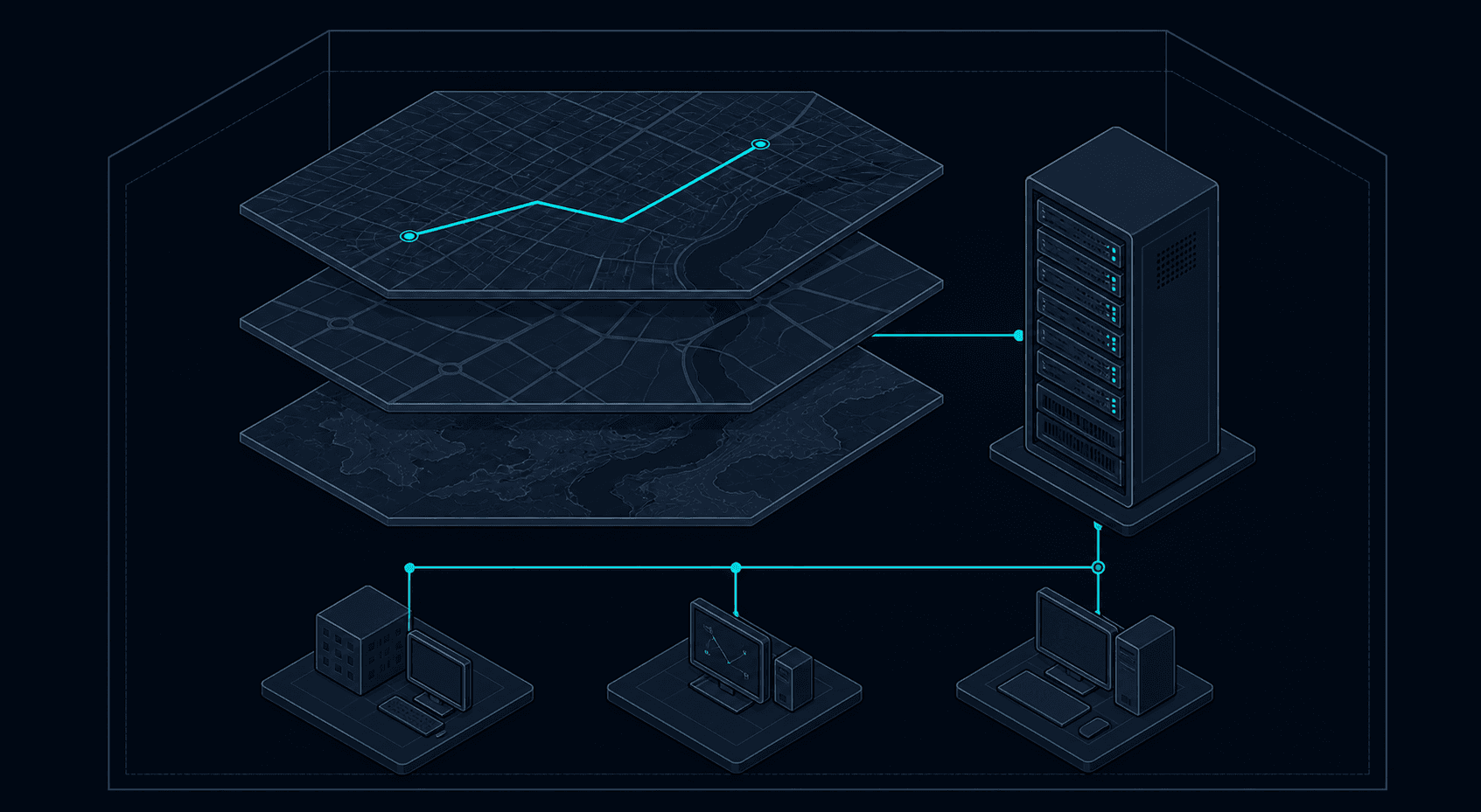 Layered offline map services connected to a server and local applications