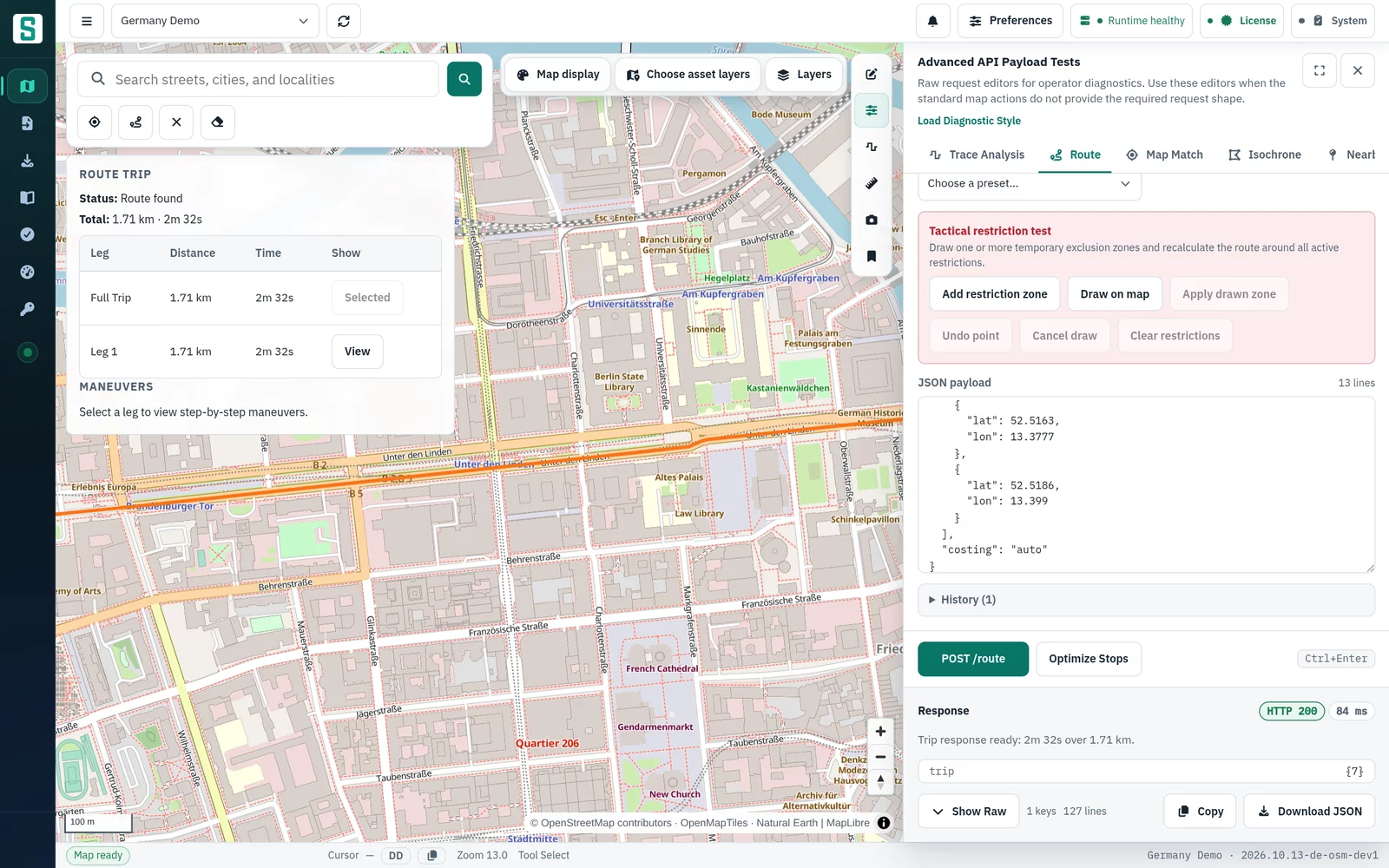 Advanced API Payload Tests panel with a POST /route JSON payload, an HTTP 200 response summary and the resulting route drawn on the map