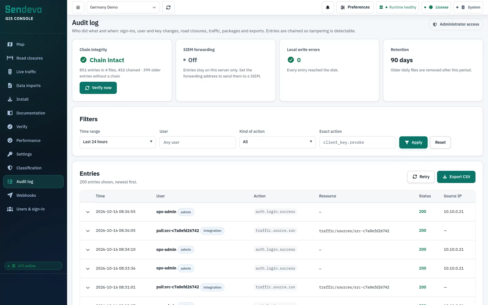 Audit log page showing an intact hash chain, SIEM forwarding status, 90-day retention, filters and the newest sign-in and traffic-feed entries