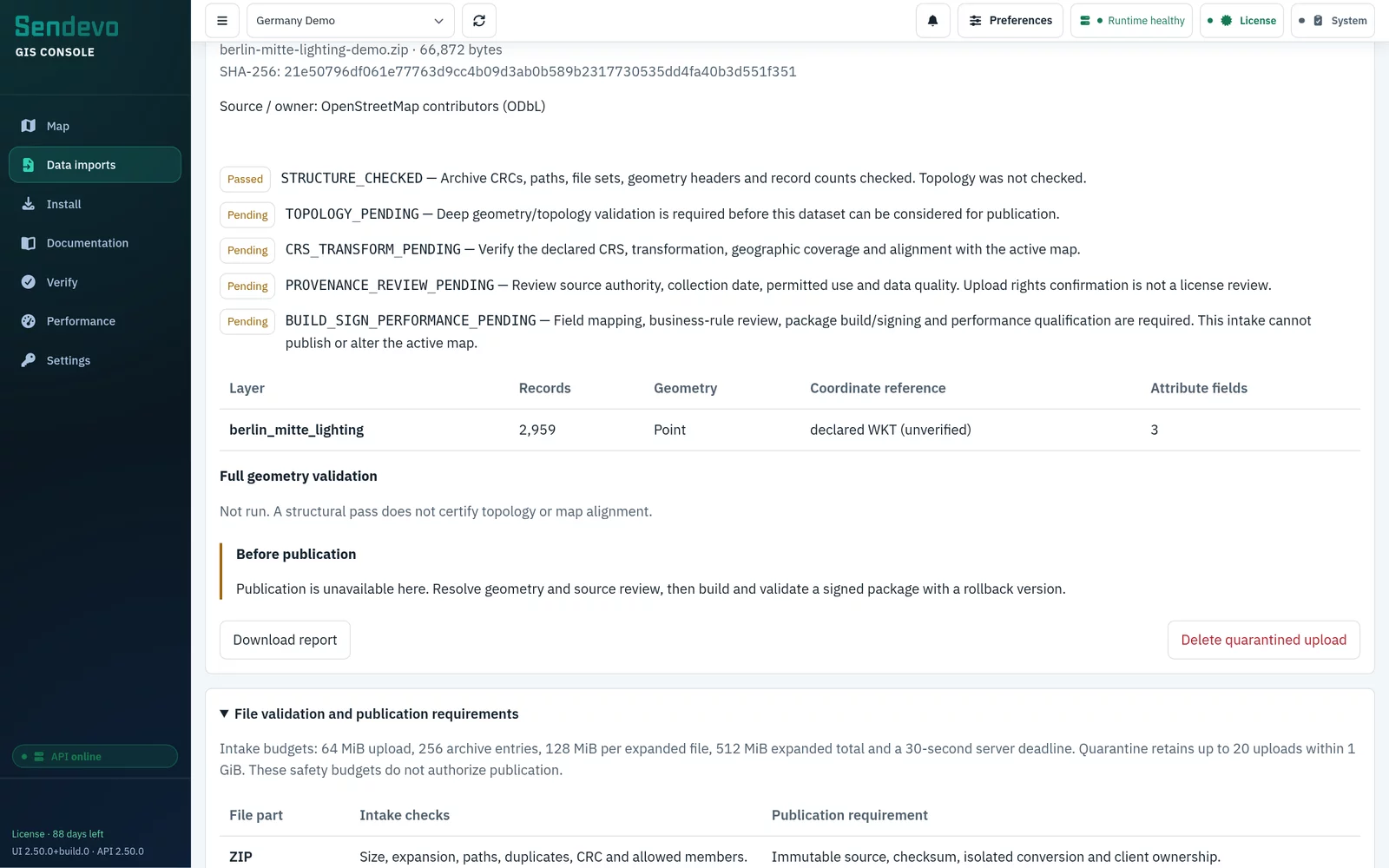 Import map data validation report for a demo Shapefile with 2,959 points: structure check passed, topology, CRS, provenance and build steps pending, and the intake limits