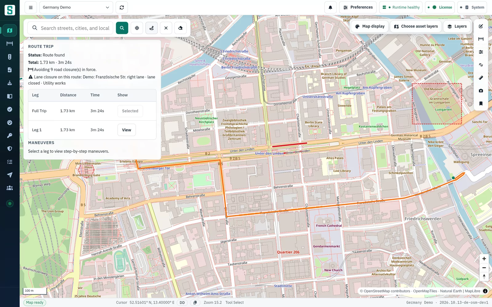 Demo road closures in central Berlin: a closed road section, an event area and a lane closure, with a route that goes around them and the Route Trip panel noting 9 closures avoided and a lane-closure warning